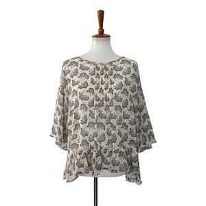 Anna Sui Uniqlo Elbow Sleeve Chiffon Floral Pullover Sheer Top Cream M Medium